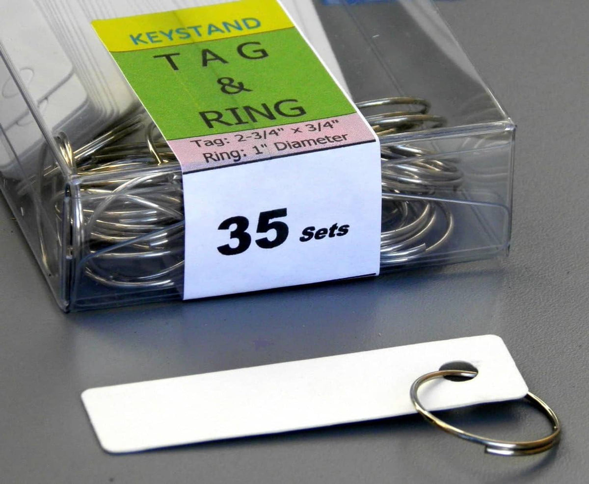 Boxed tag-and-ring set with metal key rings labeled 35 sets