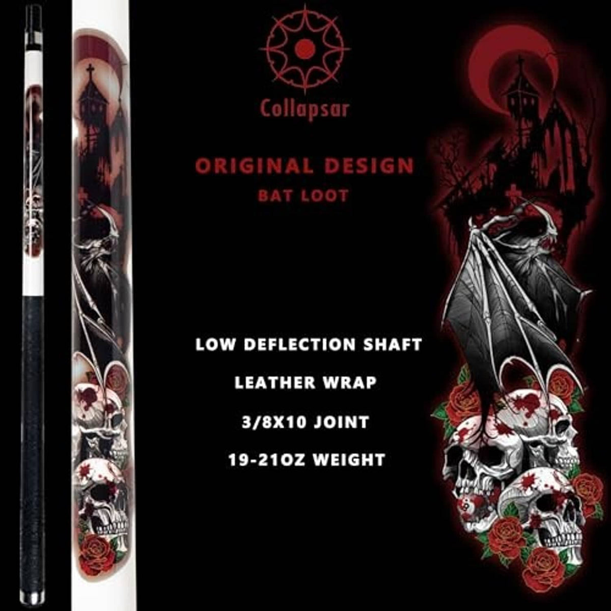 Decorated pool cue with skull-and-rose artwork and black patterned leather wrap