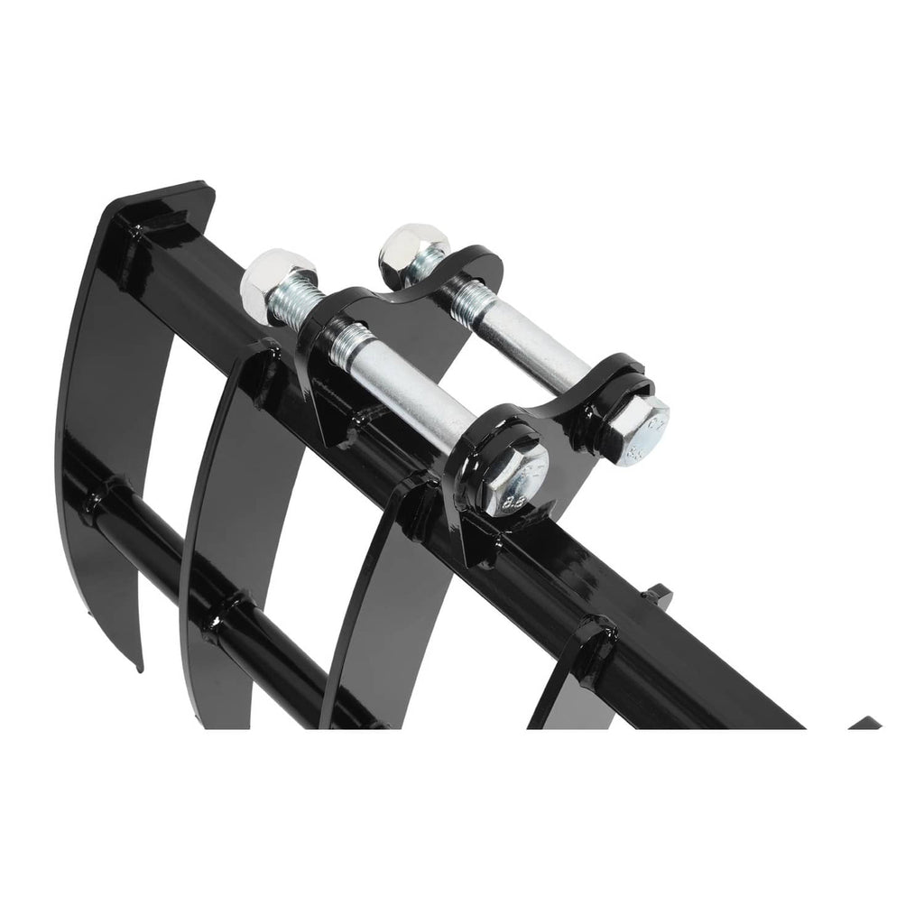 Mini excavator rake attachment, black steel frame with five curved tines and mounting bolts