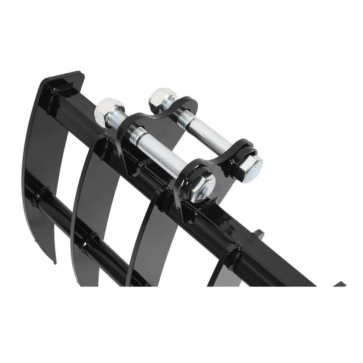 Mini excavator rake attachment, black steel frame with five curved tines and mounting bolts
