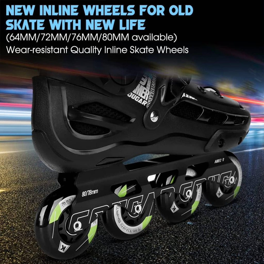 Inline skate wheel set mounted on a frame, black wheels with green side stripes