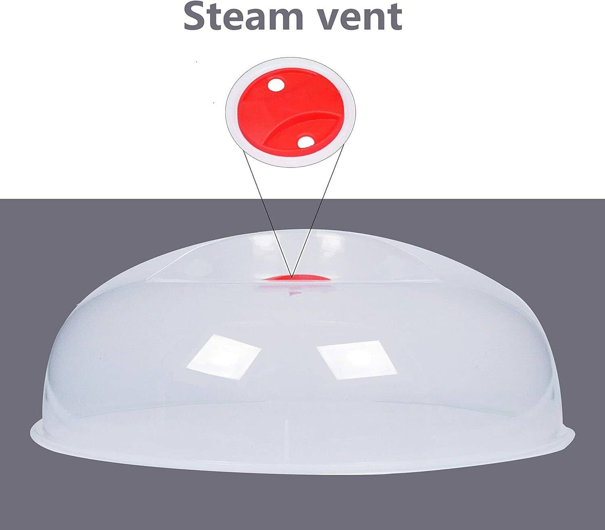 Clear dome microwave splatter cover with red steam vent insert