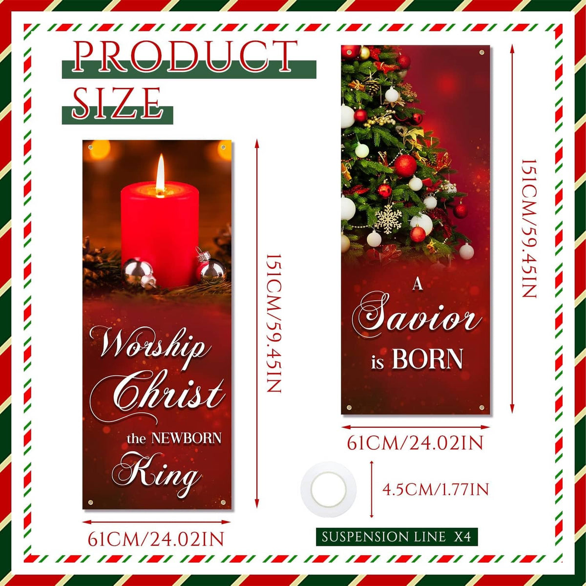 Four hanging Christmas banners, red designs with wreath and candle, with size markings