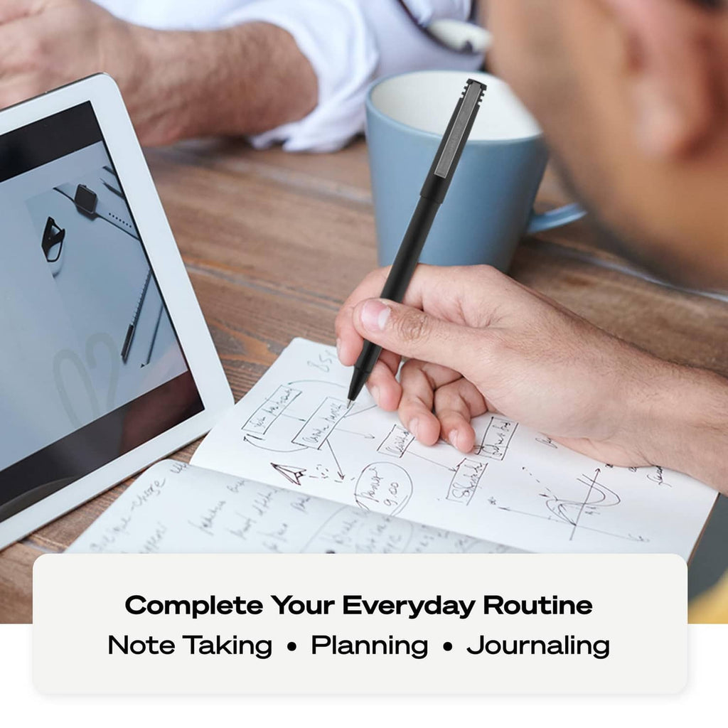 Hand writing with black rollerball pen with blue tip on notebook pages.