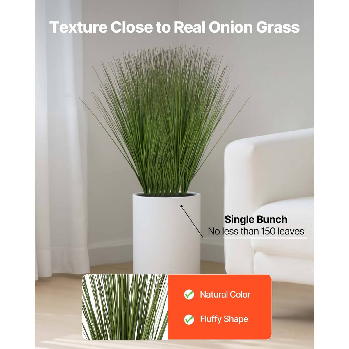 Artificial onion grass plant single bunch with dense green blades in white pot