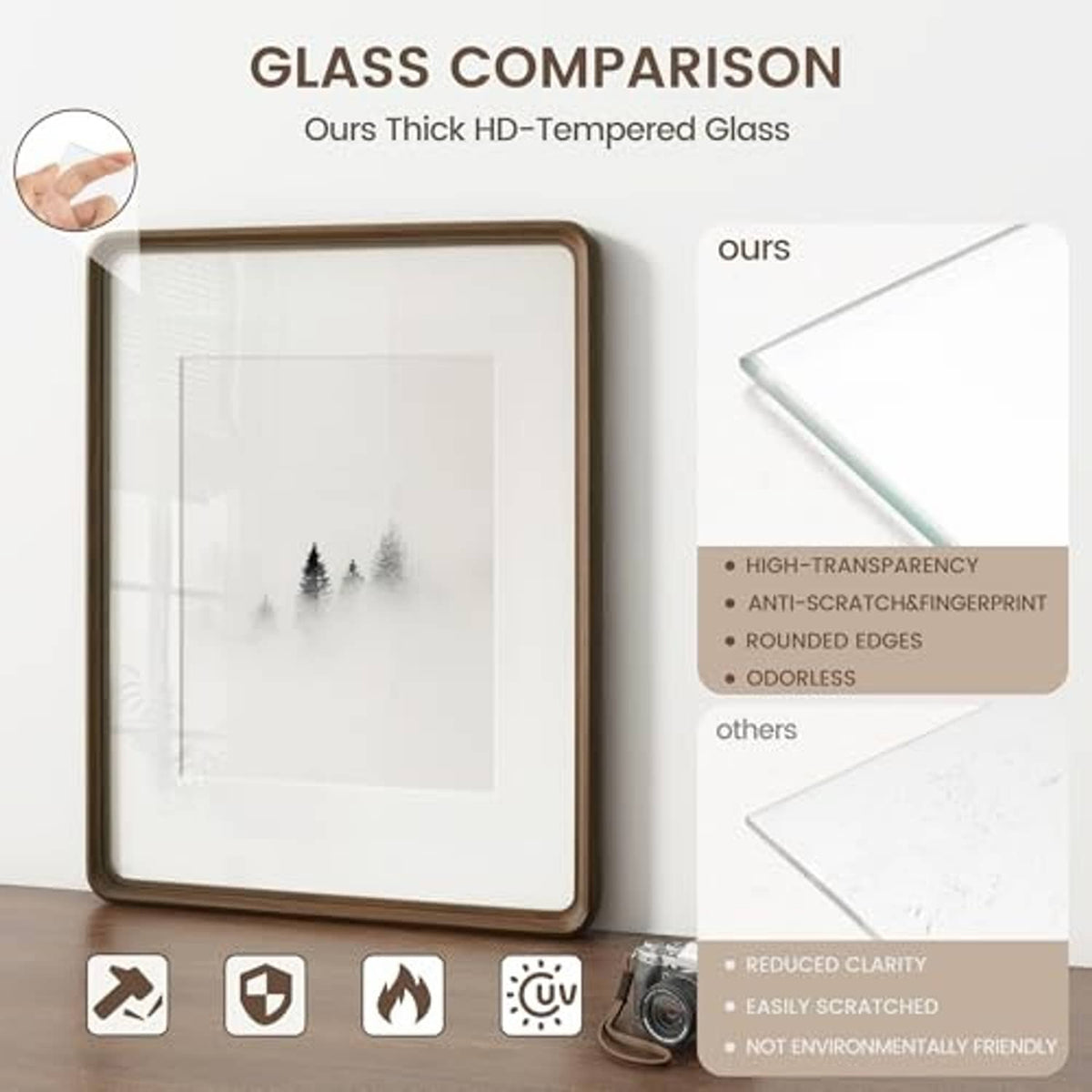 Walnut picture frame with thick tempered glass, rounded edges, and reduced glare