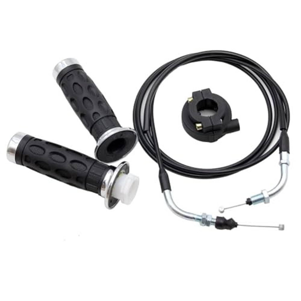 Throttle cable assembly with two black grips, silver collars, and braided black control cable