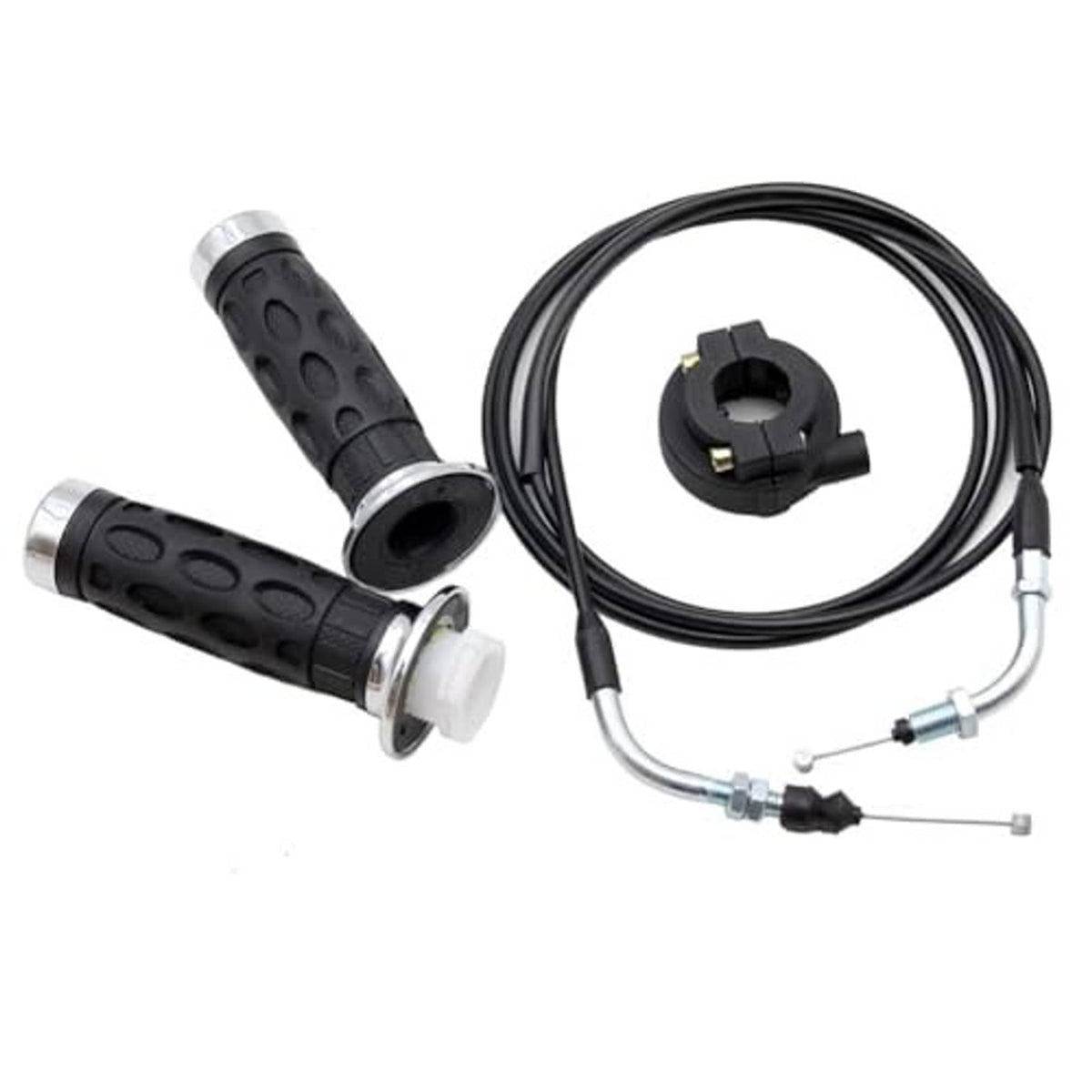 Throttle cable assembly with two black grips, silver collars, and braided black control cable