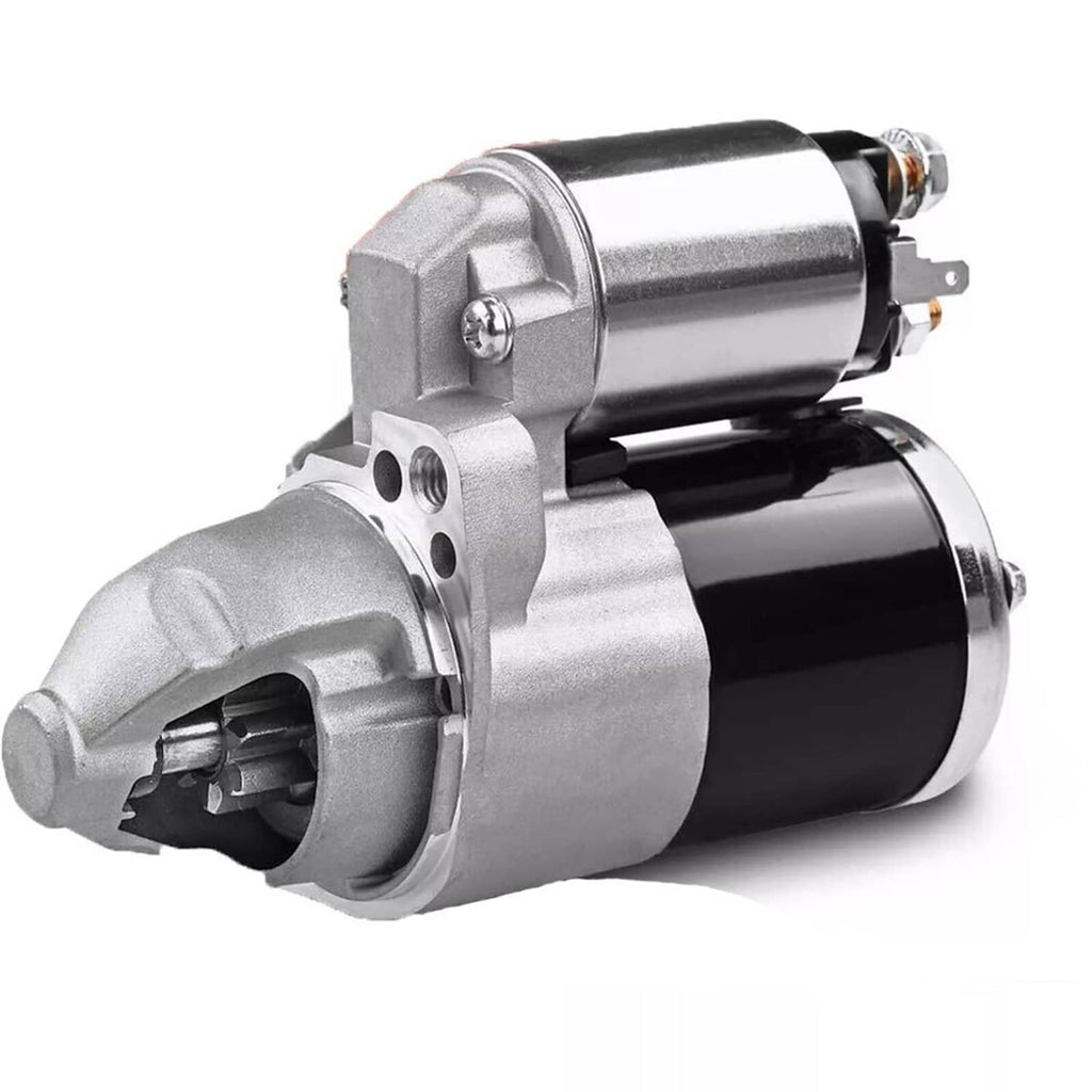 Starter motor angled view with silver housing, black cylinder, and side mounting flange
