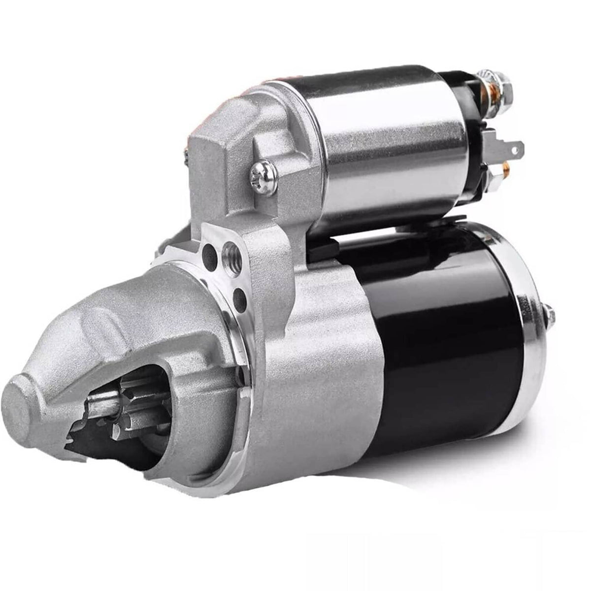 Starter motor angled view with silver housing, black cylinder, and side mounting flange