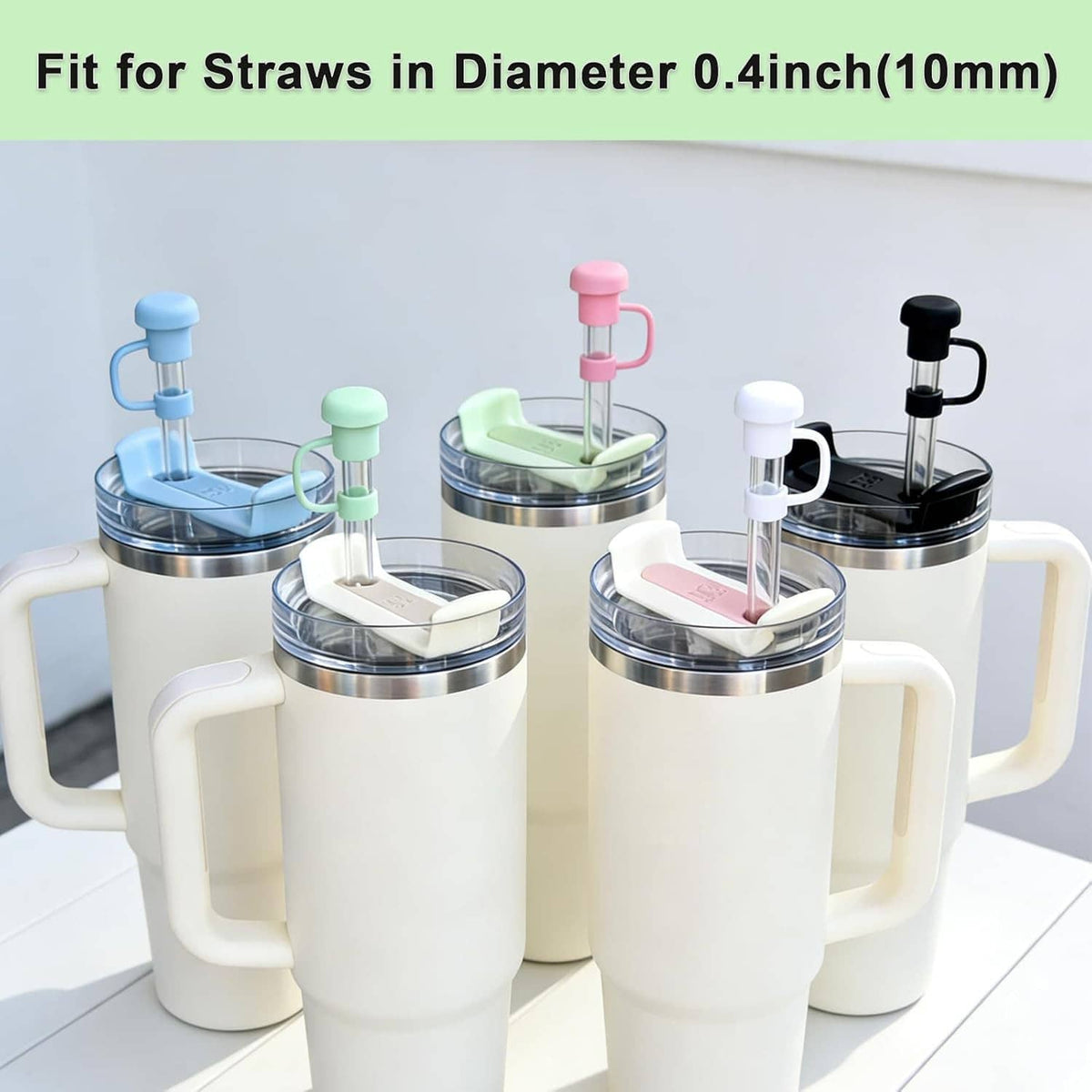 Straw cover toppers set on insulated cups, pastel colors and black options