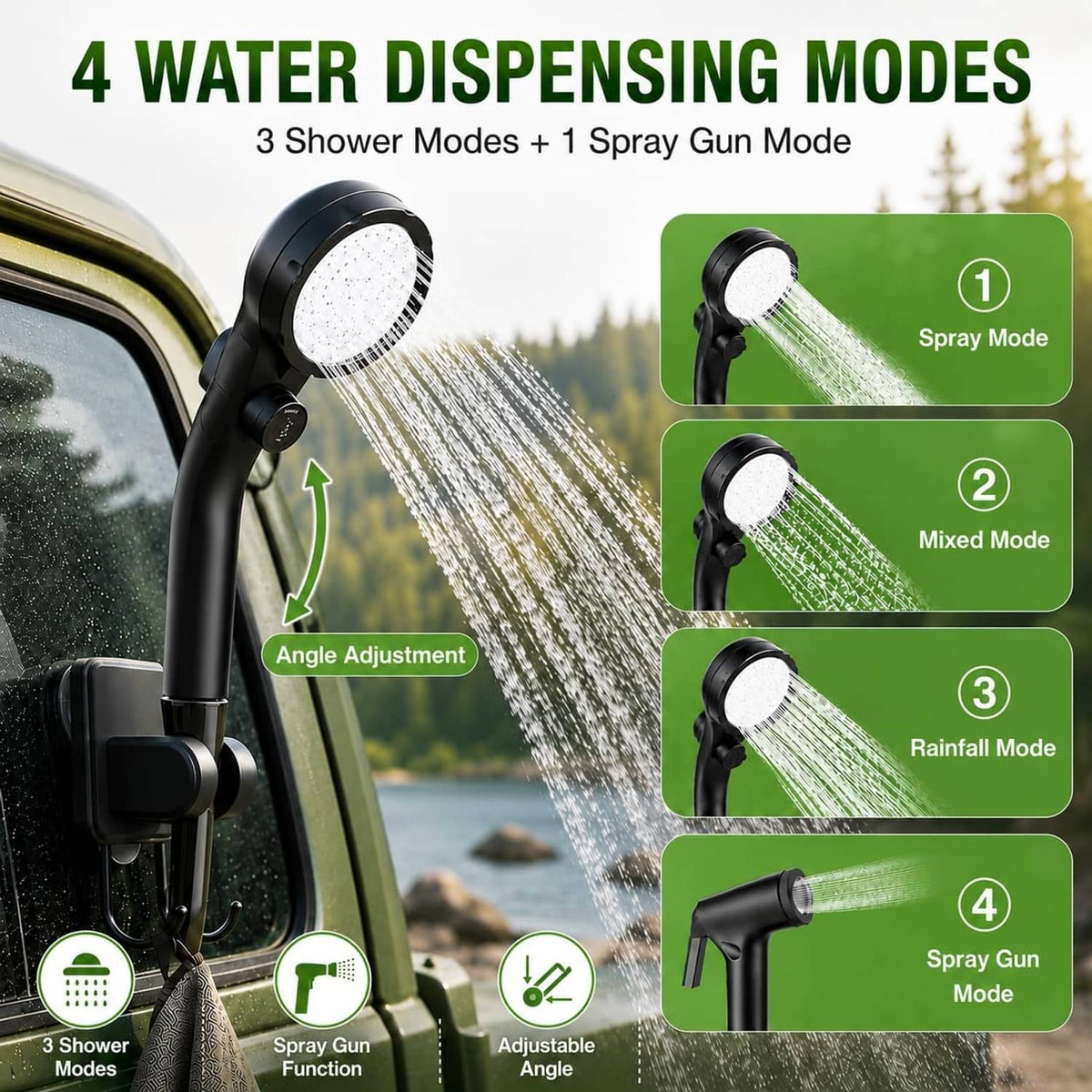 Adjustable handheld shower head with multiple spray modes and angle control