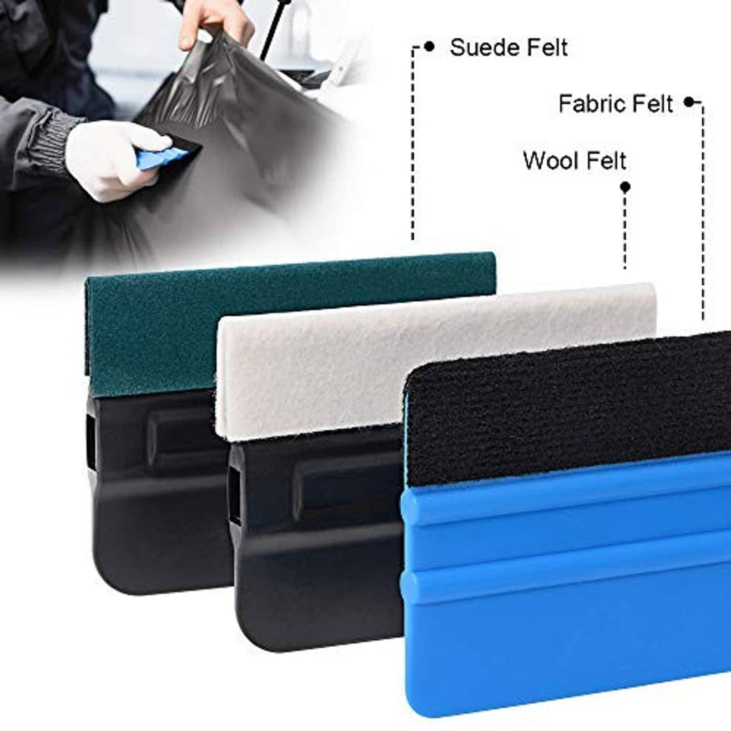 Felt squeegee pads set with blue, white, and black fabric tips for window tint application