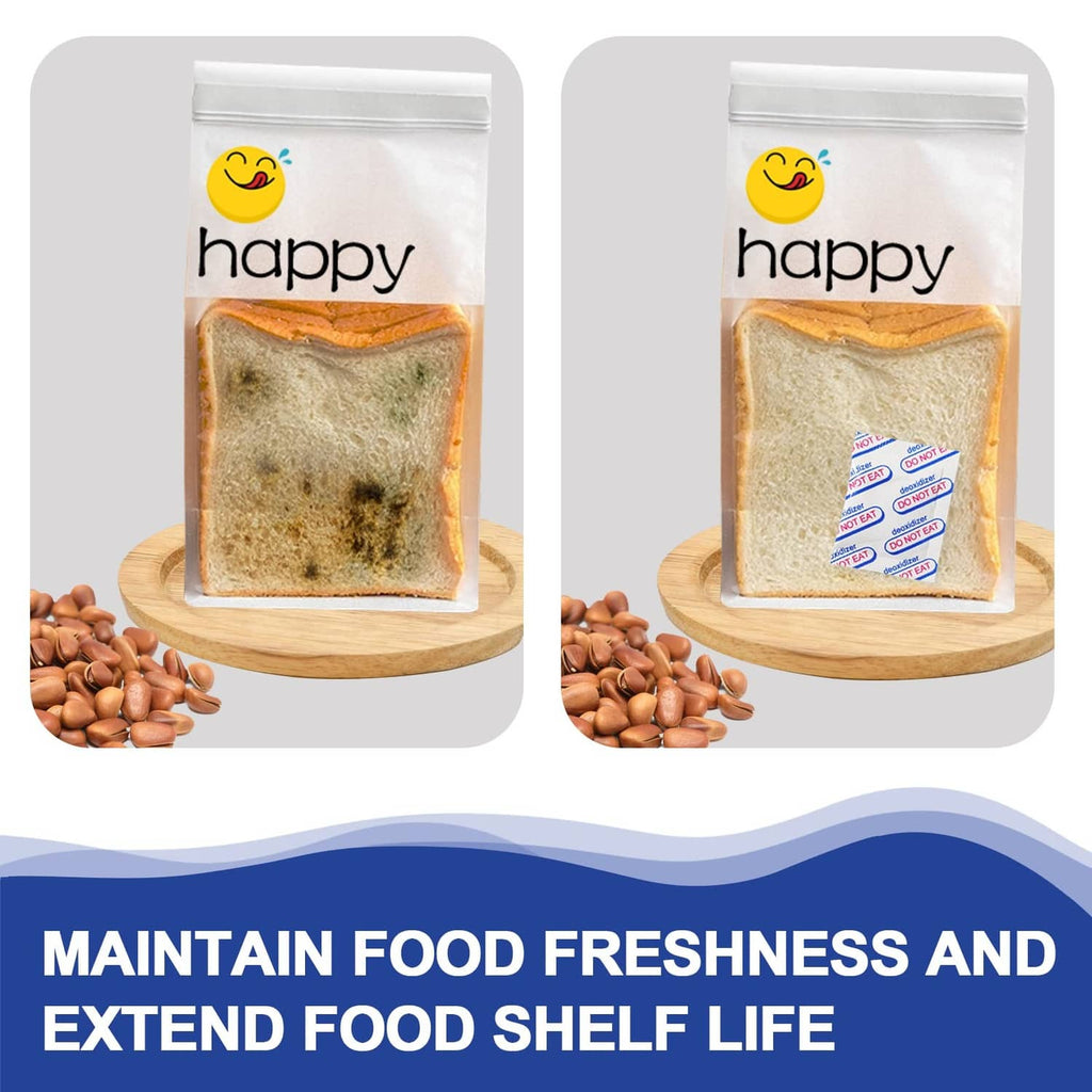Sealed oxygen absorber sachet inside a clear happy food storage bag