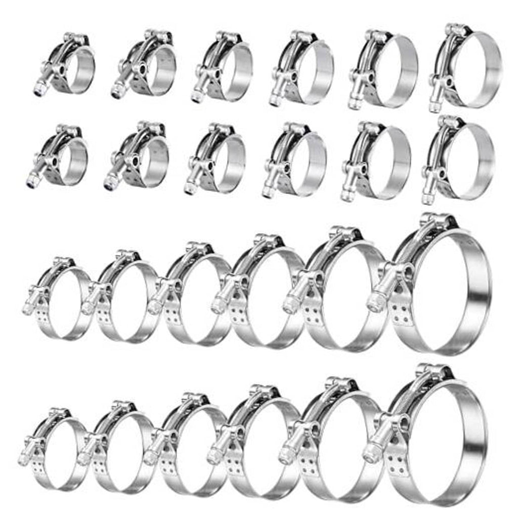 Assorted stainless T-bolt hose clamps, multiple pieces with metal bolt and band