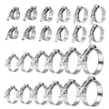 Assorted stainless T-bolt hose clamps, multiple pieces with metal bolt and band