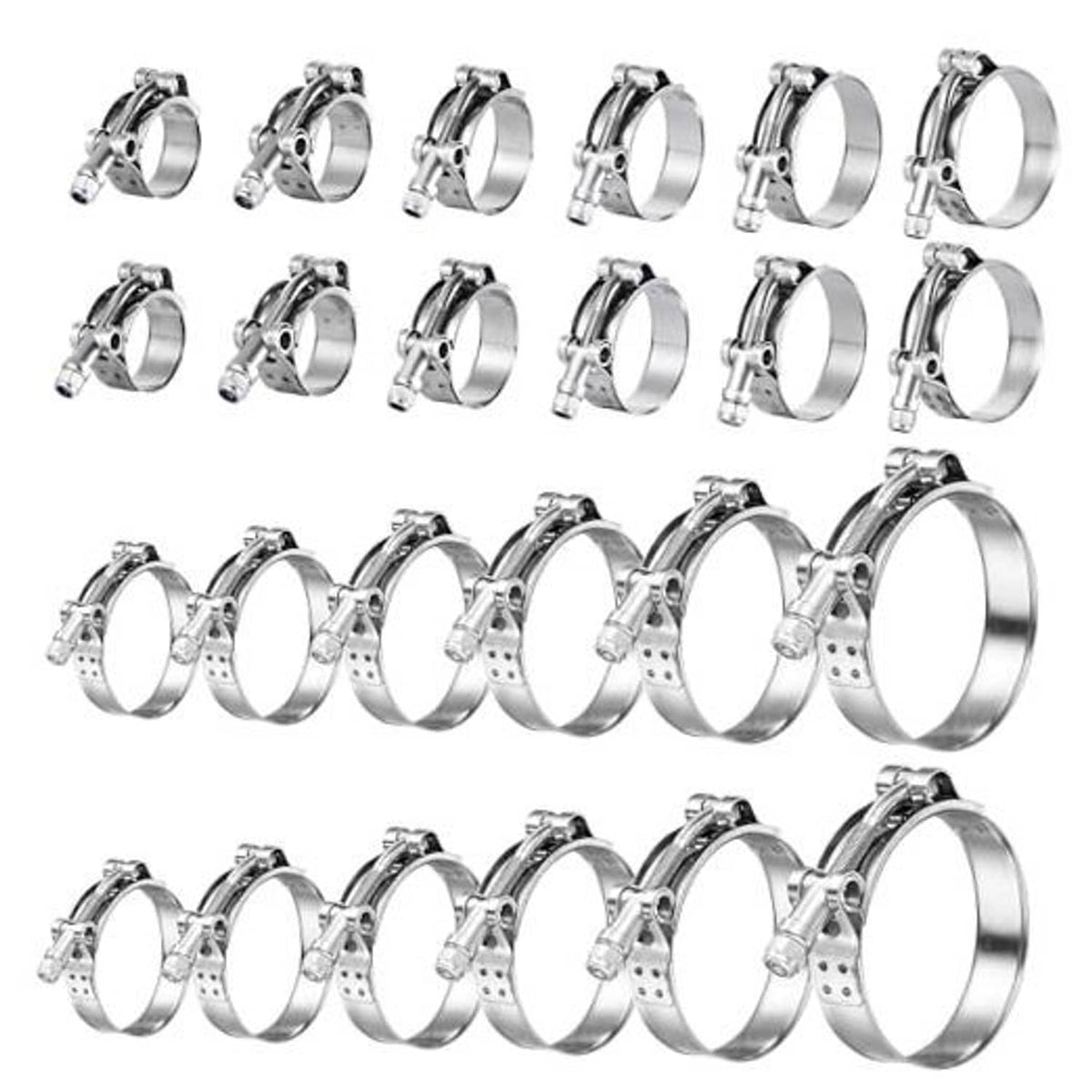 Assorted stainless T-bolt hose clamps, multiple pieces with metal bolt and band