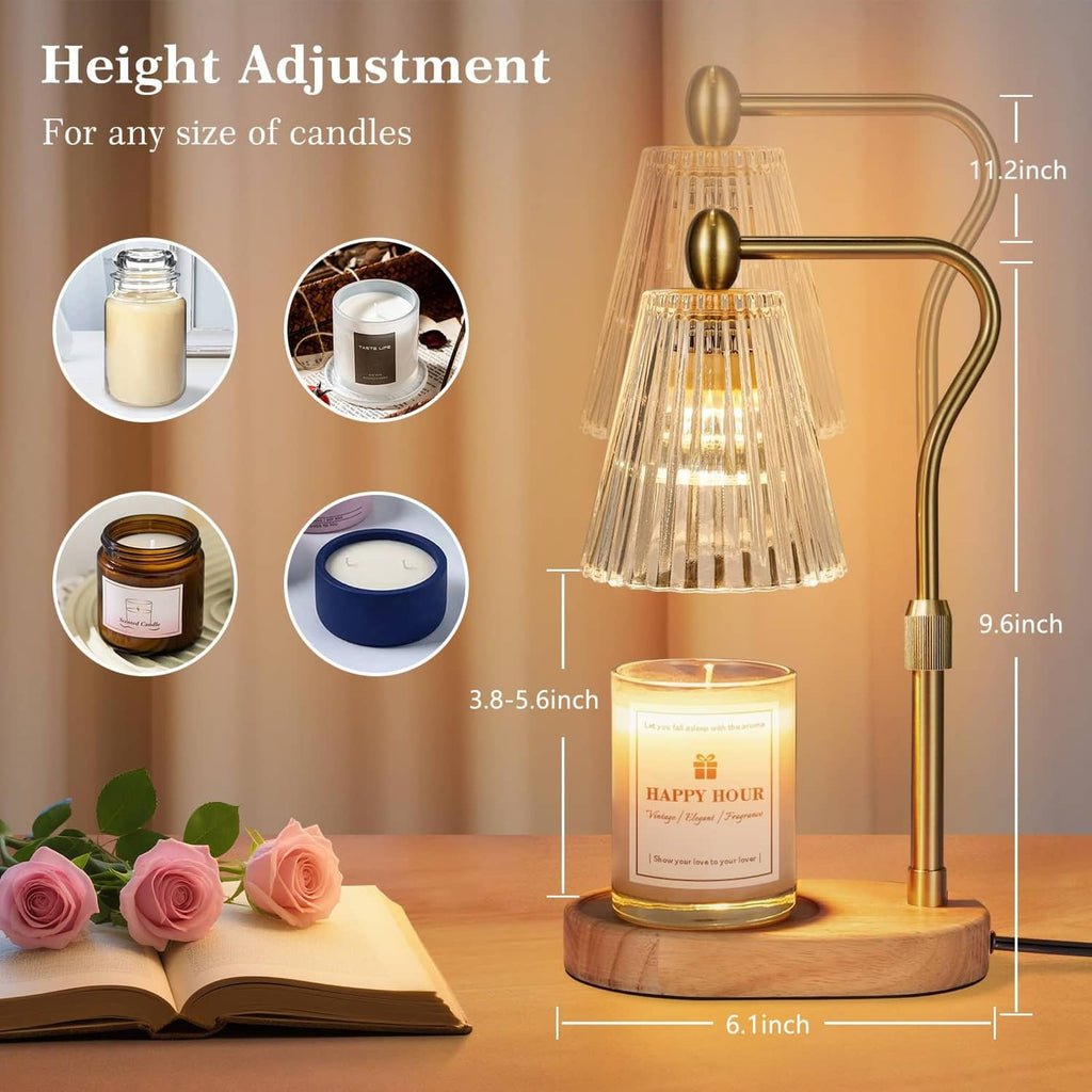 Adjustable candle warmer lamp with lit candle jar on wooden base, height adjustable