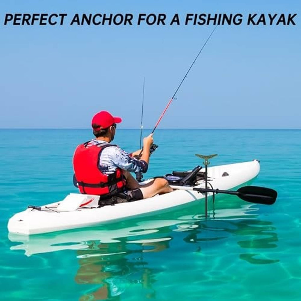 Shallow-water anchor pole mounted on a kayak with olive fluke and black pole shaft