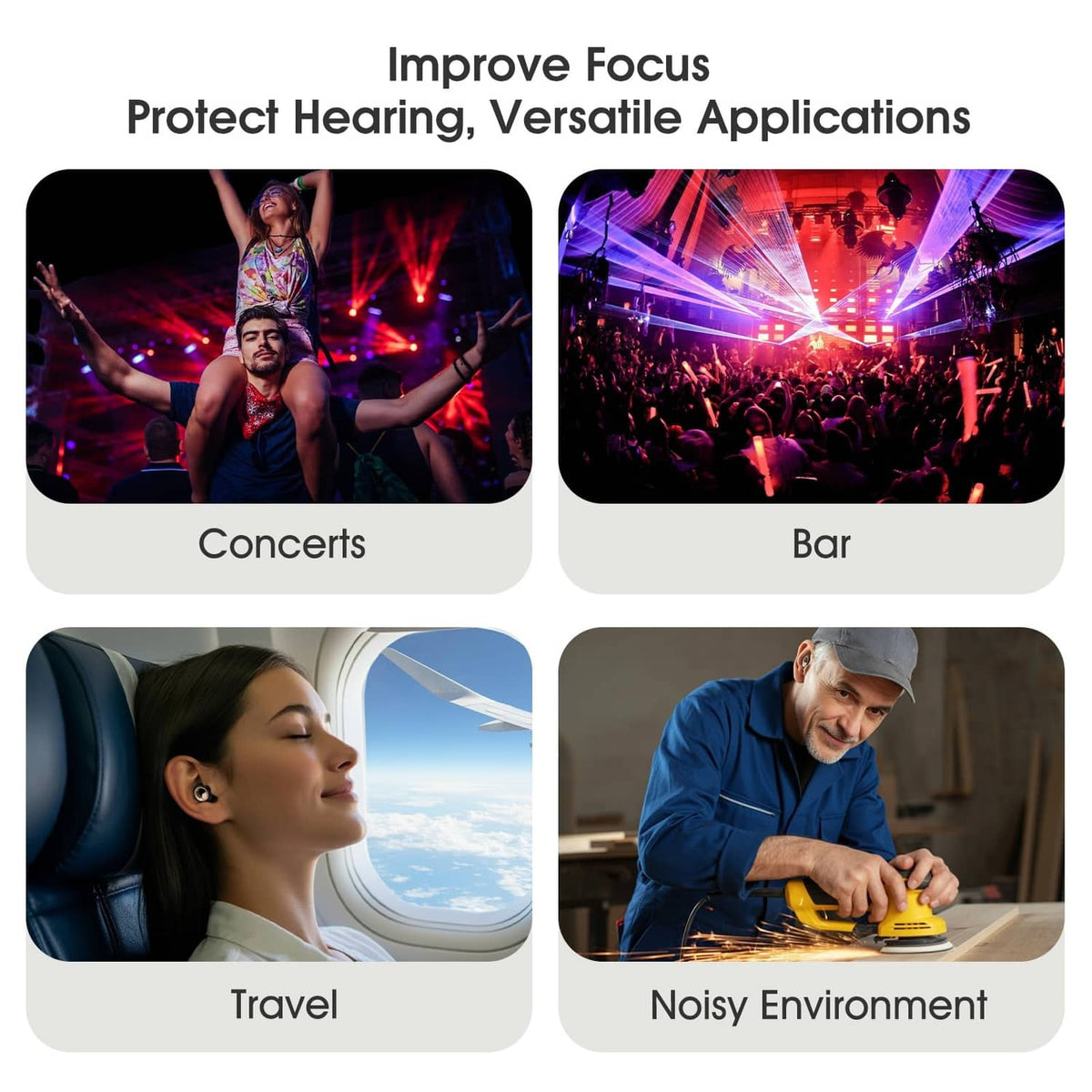 Black silicone ear plug worn for travel and noisy environments, side view