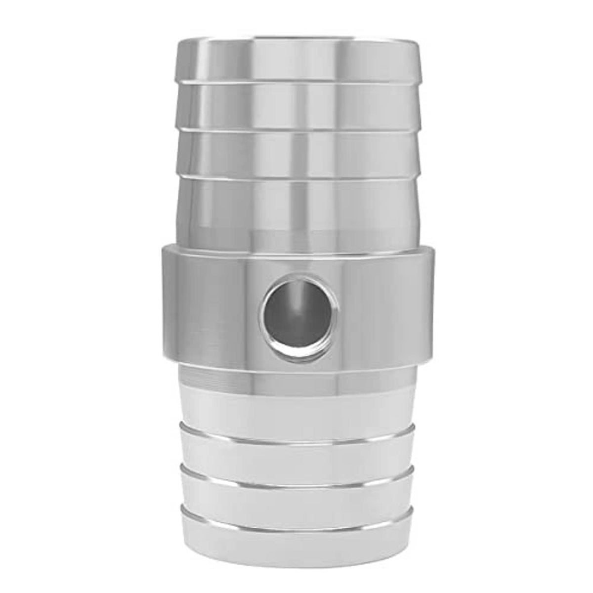 Metal hose barb coupler with stepped rings and round port opening