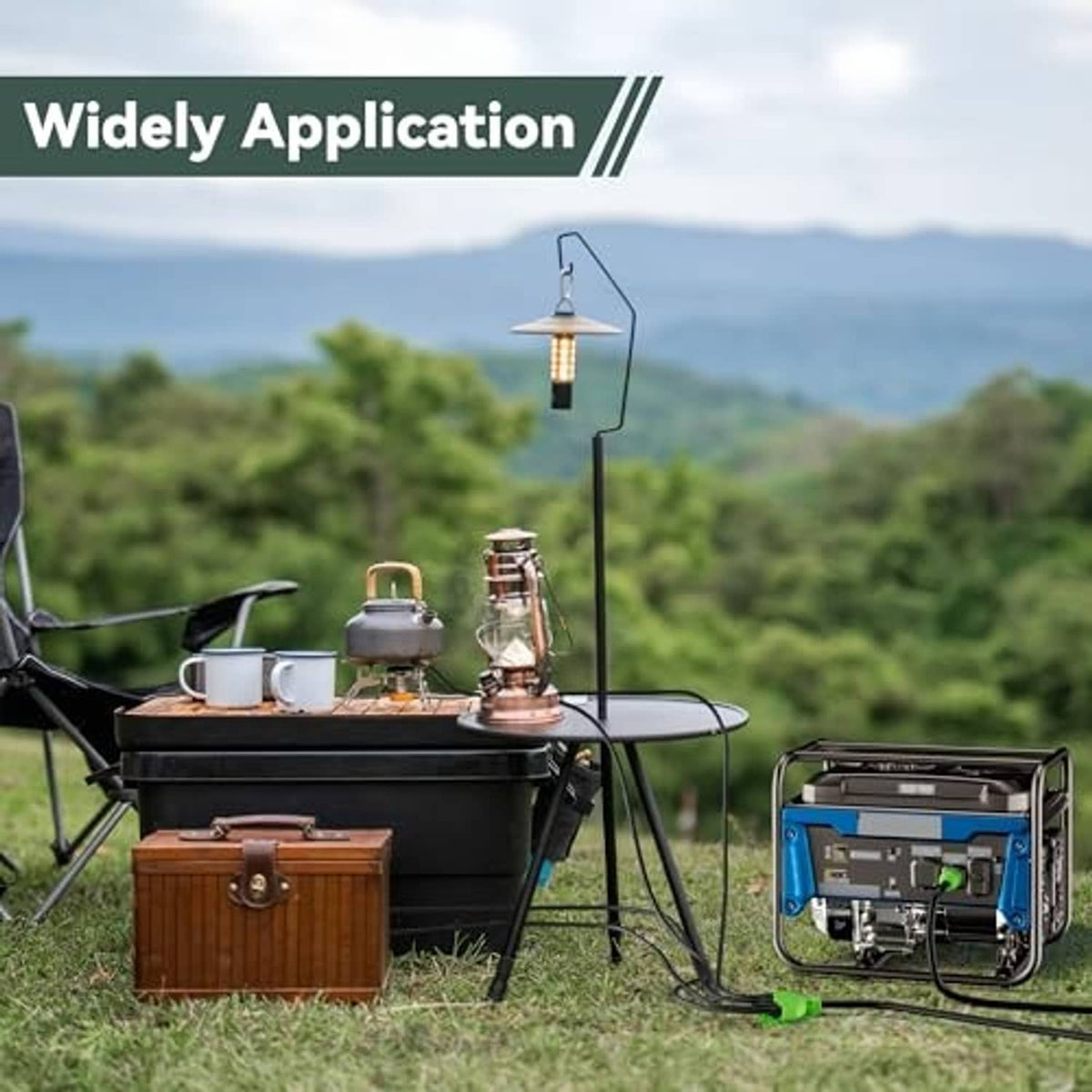 Black RV generator power cord with green adapter connected outdoors