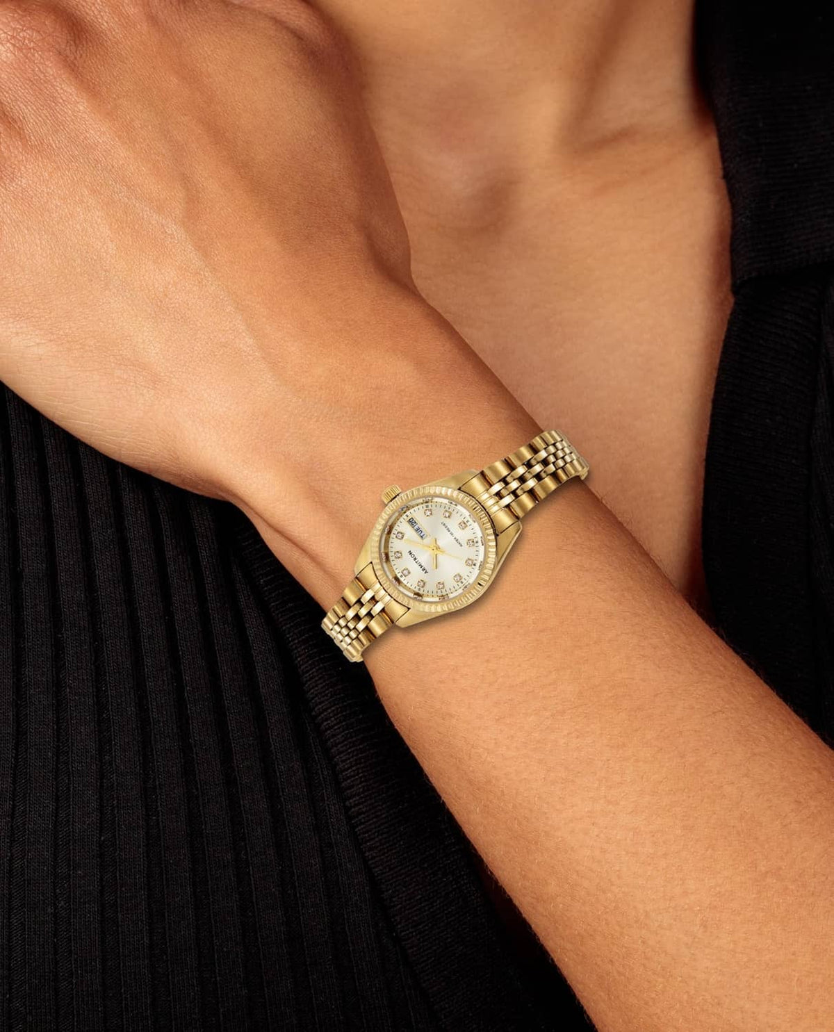 Gold bracelet watch with round crystal-accented bezel and white dial