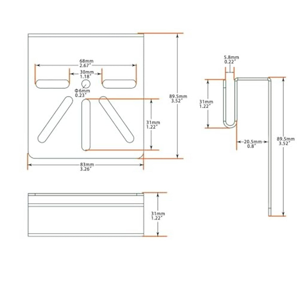 Stainless steel gutter mount bracket with measurement diagram showing hole placement