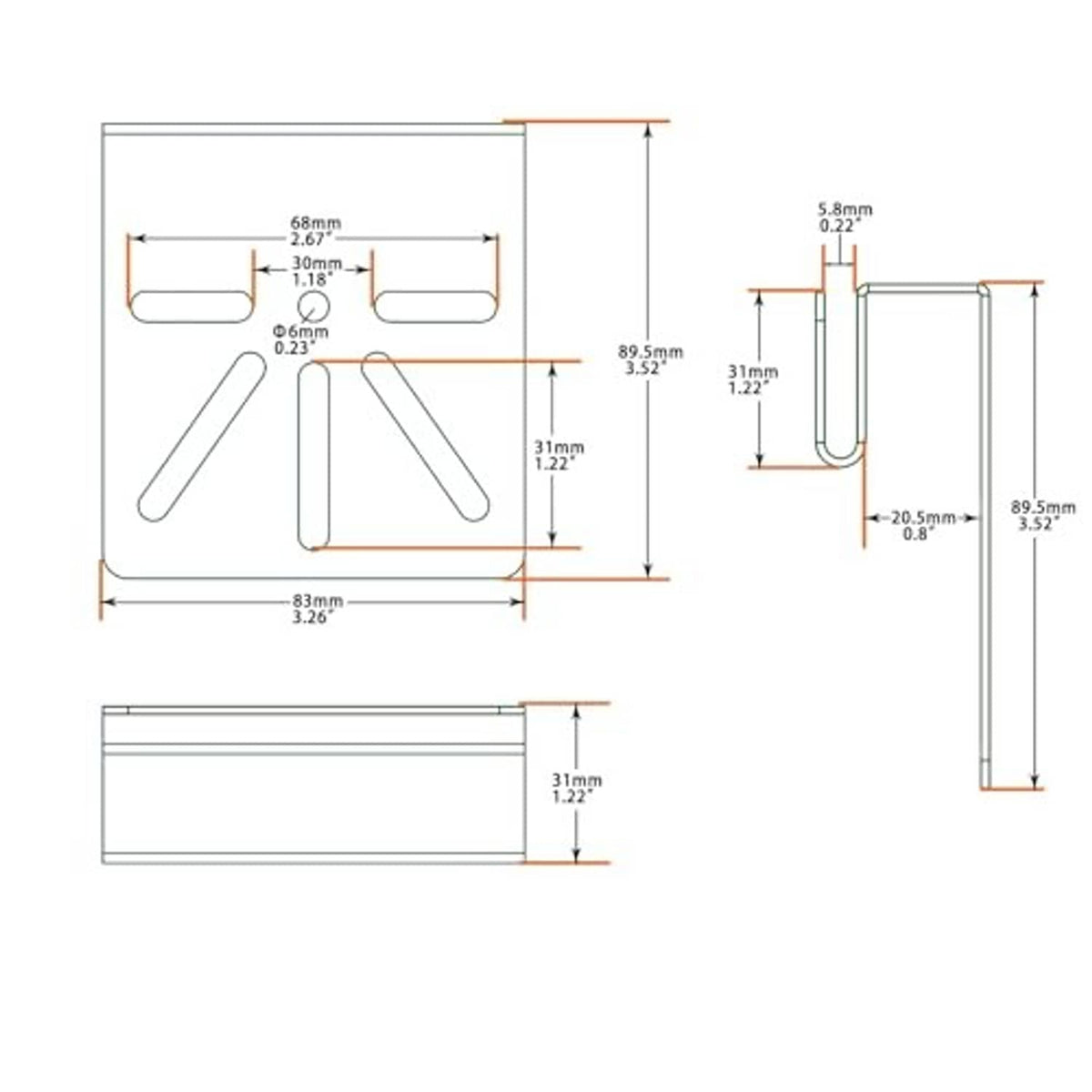Stainless steel gutter mount bracket with measurement diagram showing hole placement