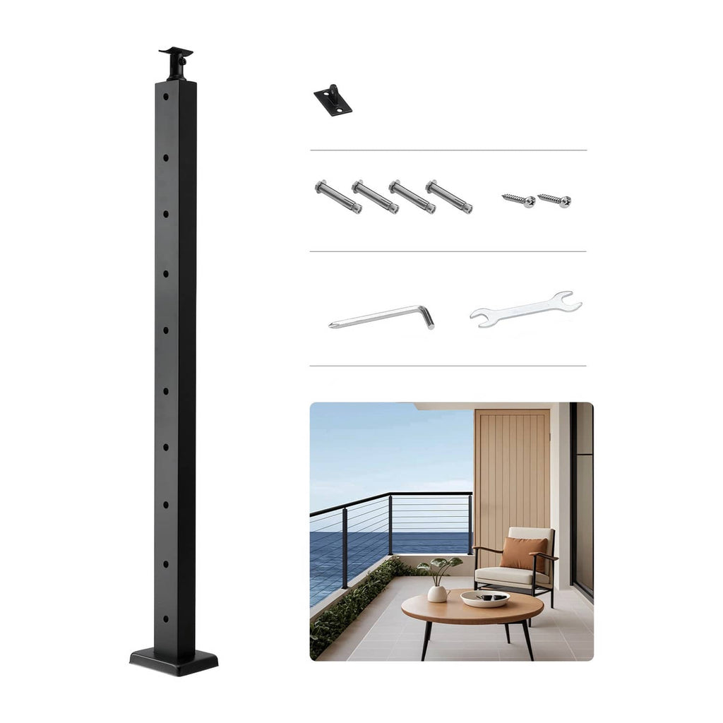 Black cable railing post with pre-drilled holes and square base plate