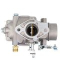 Metal carburetor assembly with round intake bore, side fittings, and linkage lever