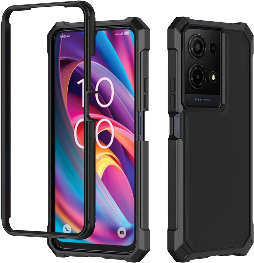 Black phone case shown front and back, tempered glass screen cover included