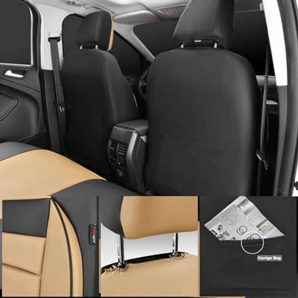 Beige and black faux leather front seat covers installed in a car with adjustable headrest