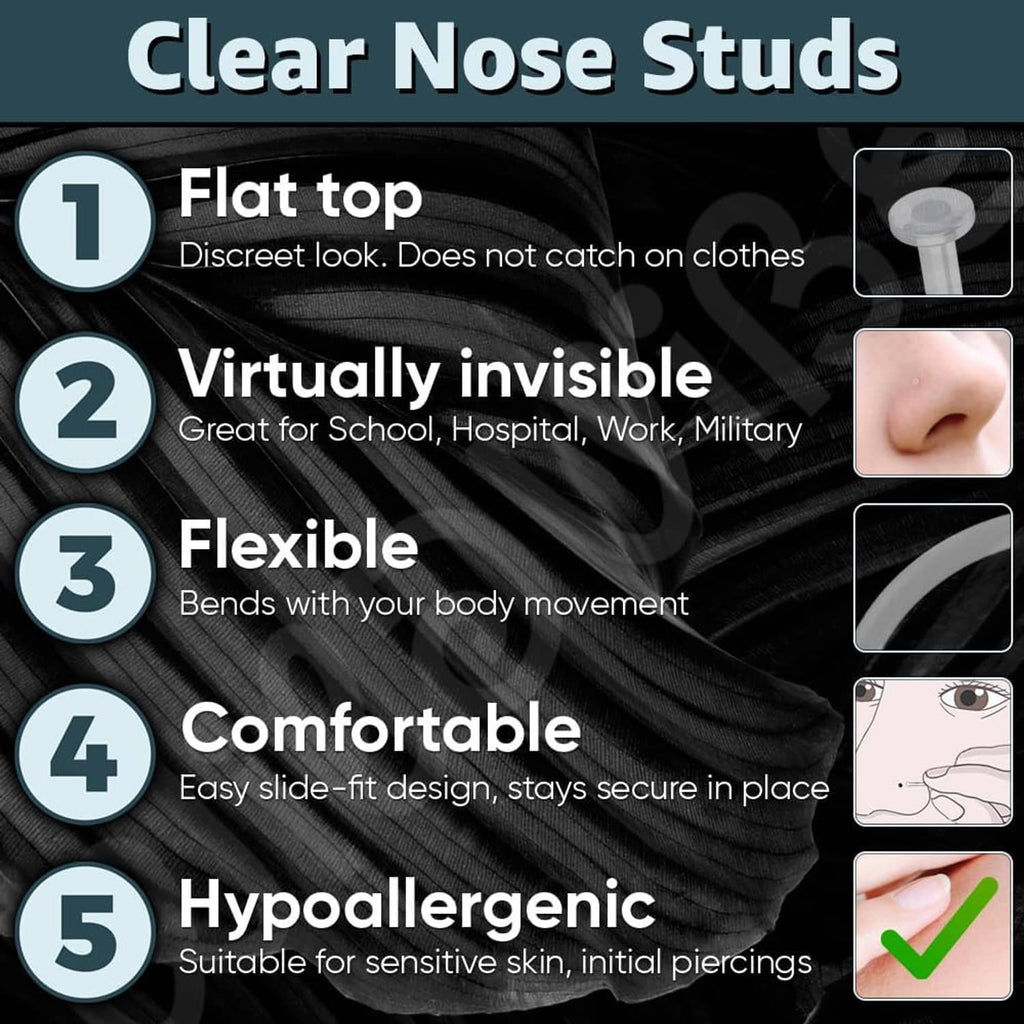 Clear L-shaped nose stud retainer with flat top and discreet flat disc end