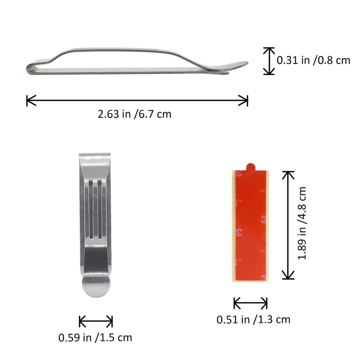 Silver pocket clip with size measurements for length and width