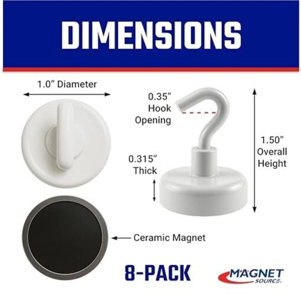 White magnetic hook with 1-inch diameter base and 1.5-inch overall height