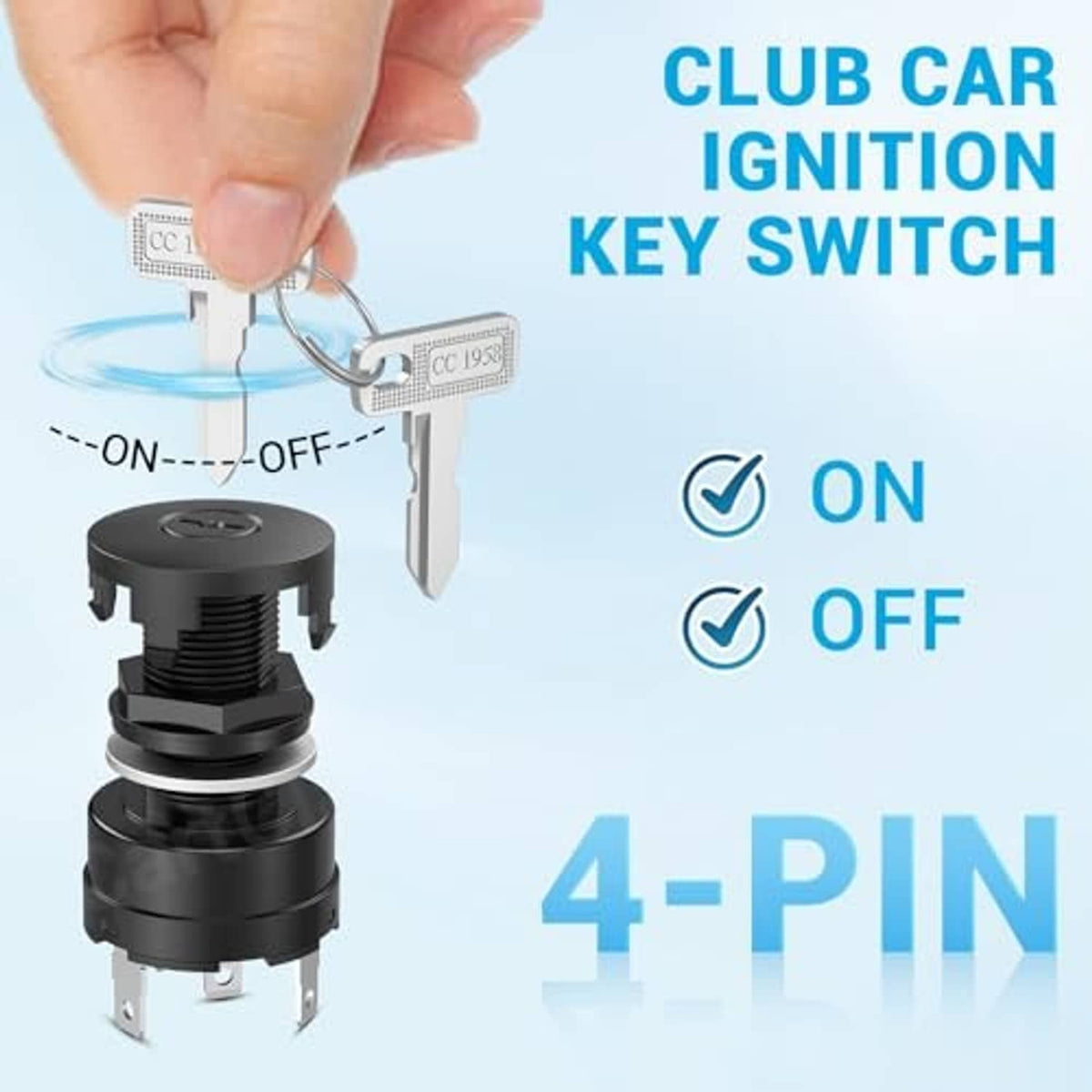 Hand holding a key at a club car ignition switch, black 4-pin cylinder with keys