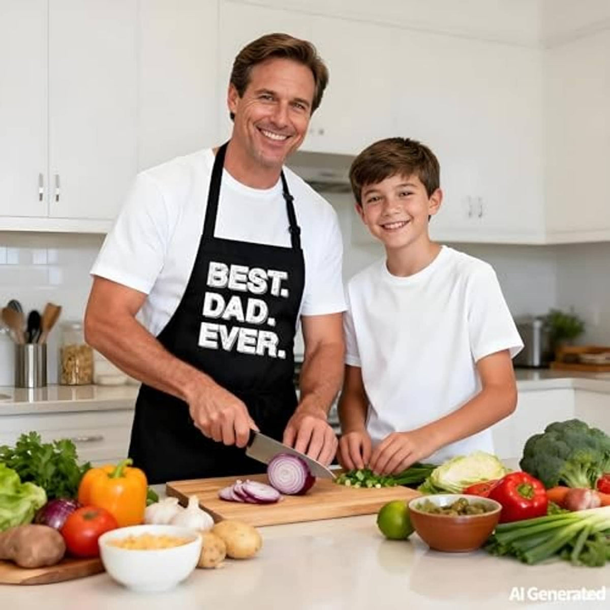 Dad wearing a black “Best Dad Ever” apron with adjustable neck strap