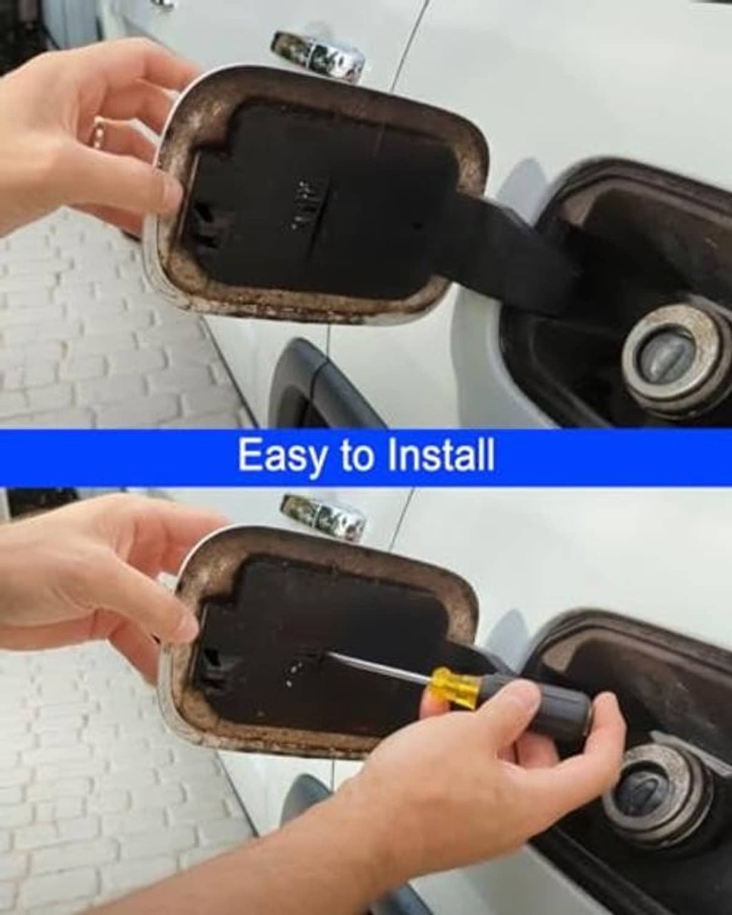 Fuel tank cap cover being installed on fuel door, matte black oval