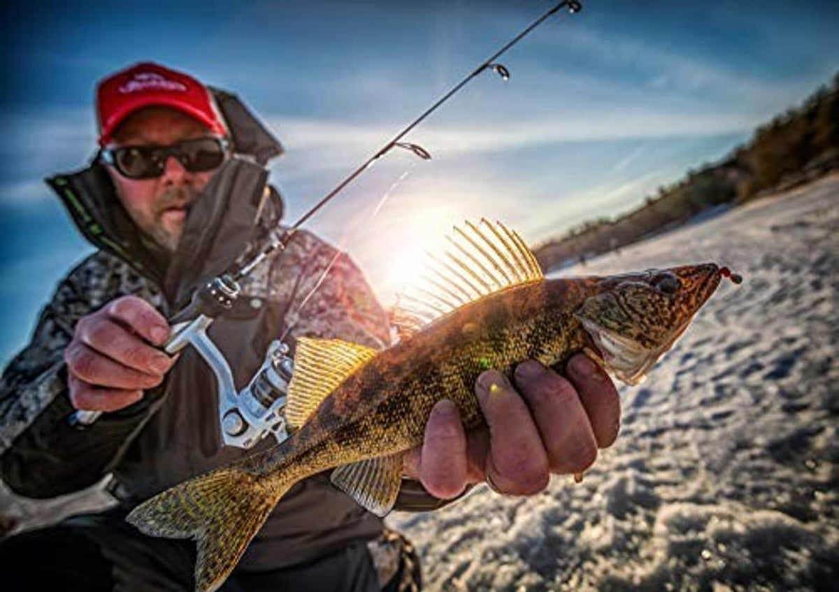 Ice fishing angler holding rod with fishing line and caught fish on ice