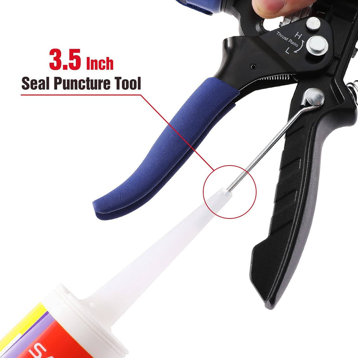 Caulking gun handle with seal puncture tool and small white nozzle tip