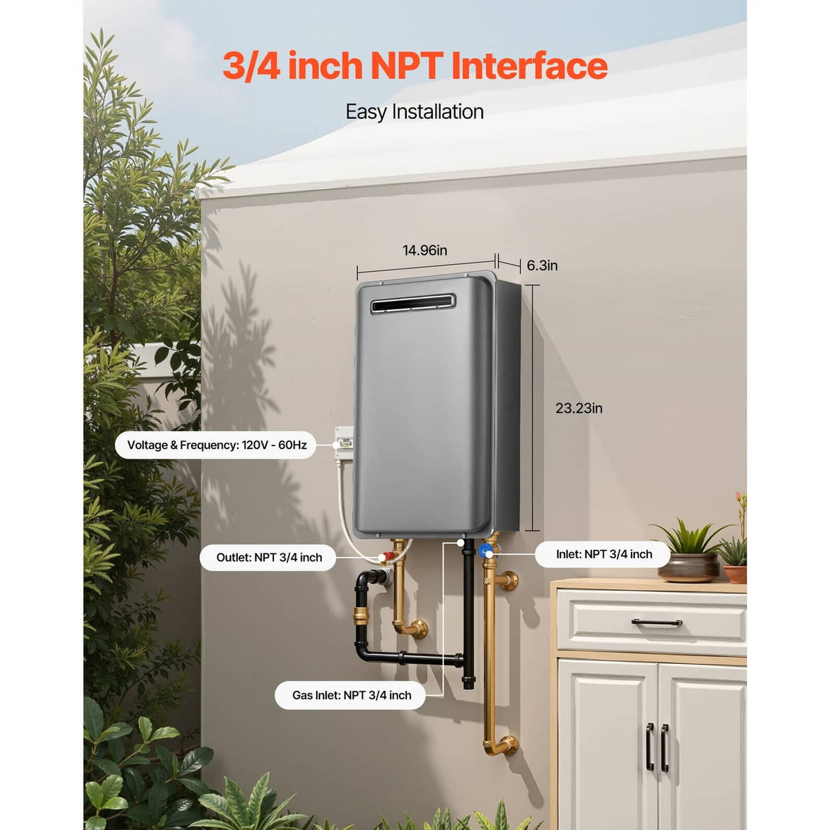 Propane tankless water heater with 3/4 inch NPT interface connection diagram.
