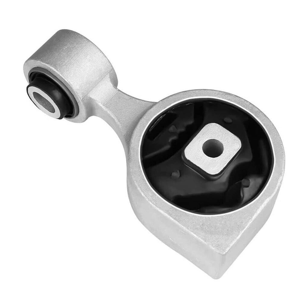 Front torque strut mount with black rubber bushing and silver support bracket, angled