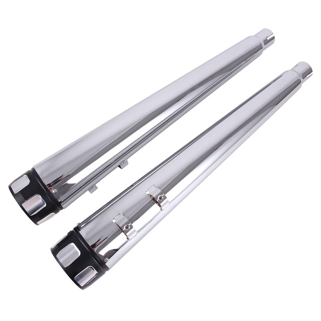Pair of chrome exhaust slip-on pipes with black end sleeves, angled product view