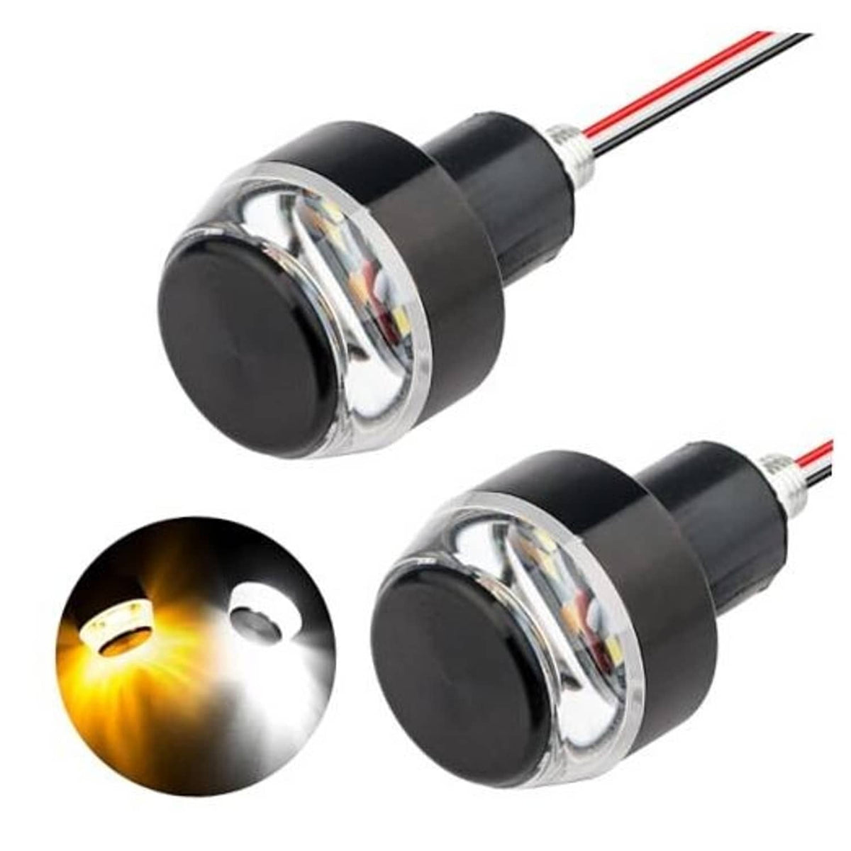 Motorcycle LED turn signal light set with black housings and amber glowing front lens
