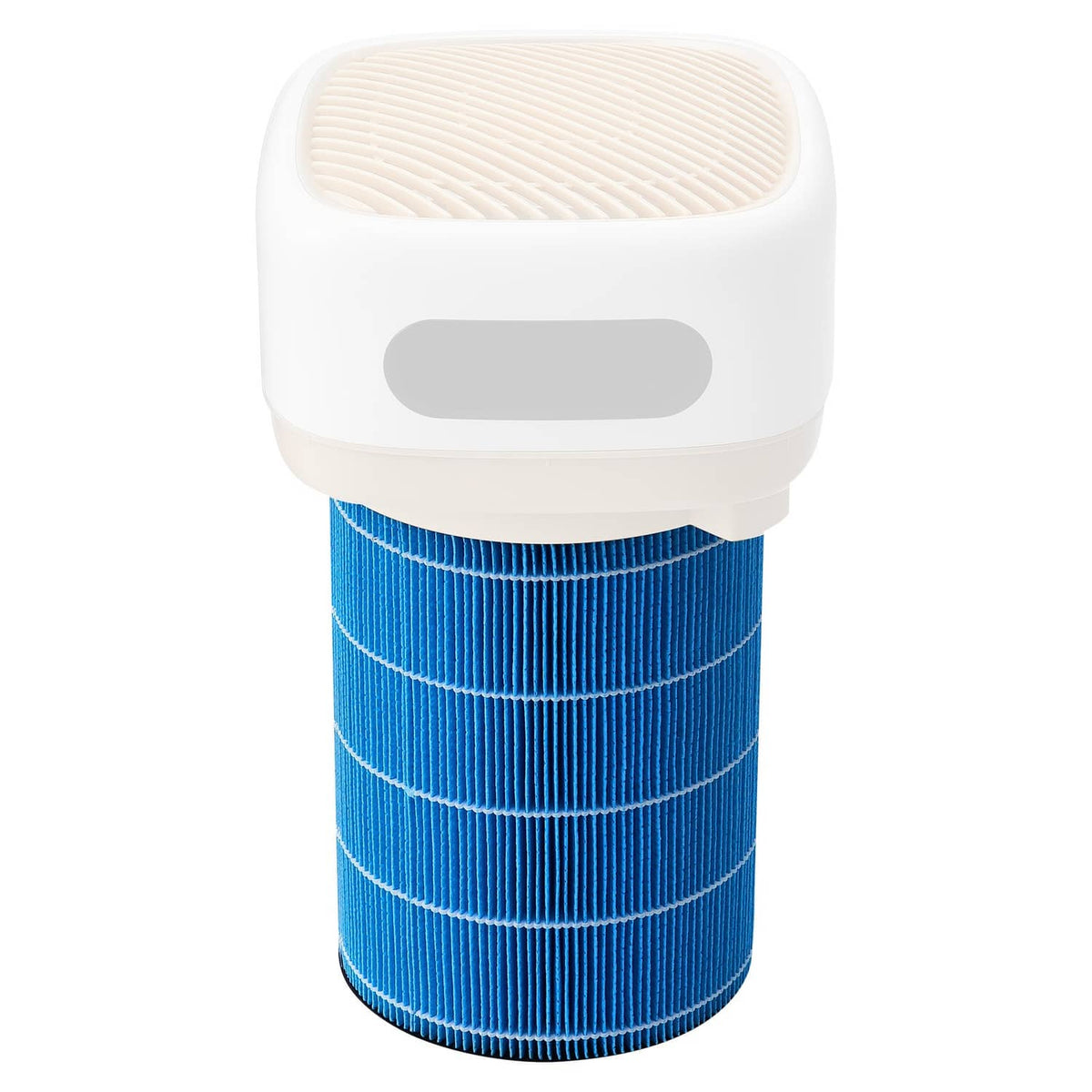 Blue pleated humidifier replacement filter cartridge inside white humidifier body