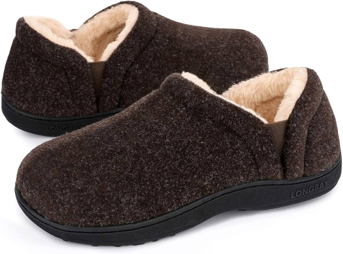 Men's brown slip-on slippers with sherpa lining and thick black sole
