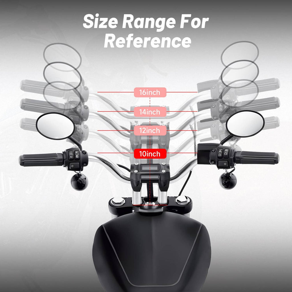 Chrome MX T-bar handlebar shown with size range reference for motorcycle fit
