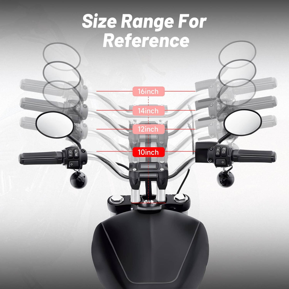 Chrome MX T-bar handlebar shown with size range reference for motorcycle fit
