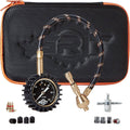 Black zip carrying case with tire gauge, deflator hoses, and brass fittings